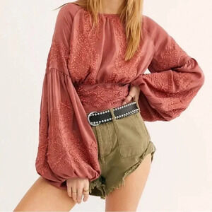 Free People Embroidered Orange Crop Top Tie Waist Open Back Puffy Sleeve XS